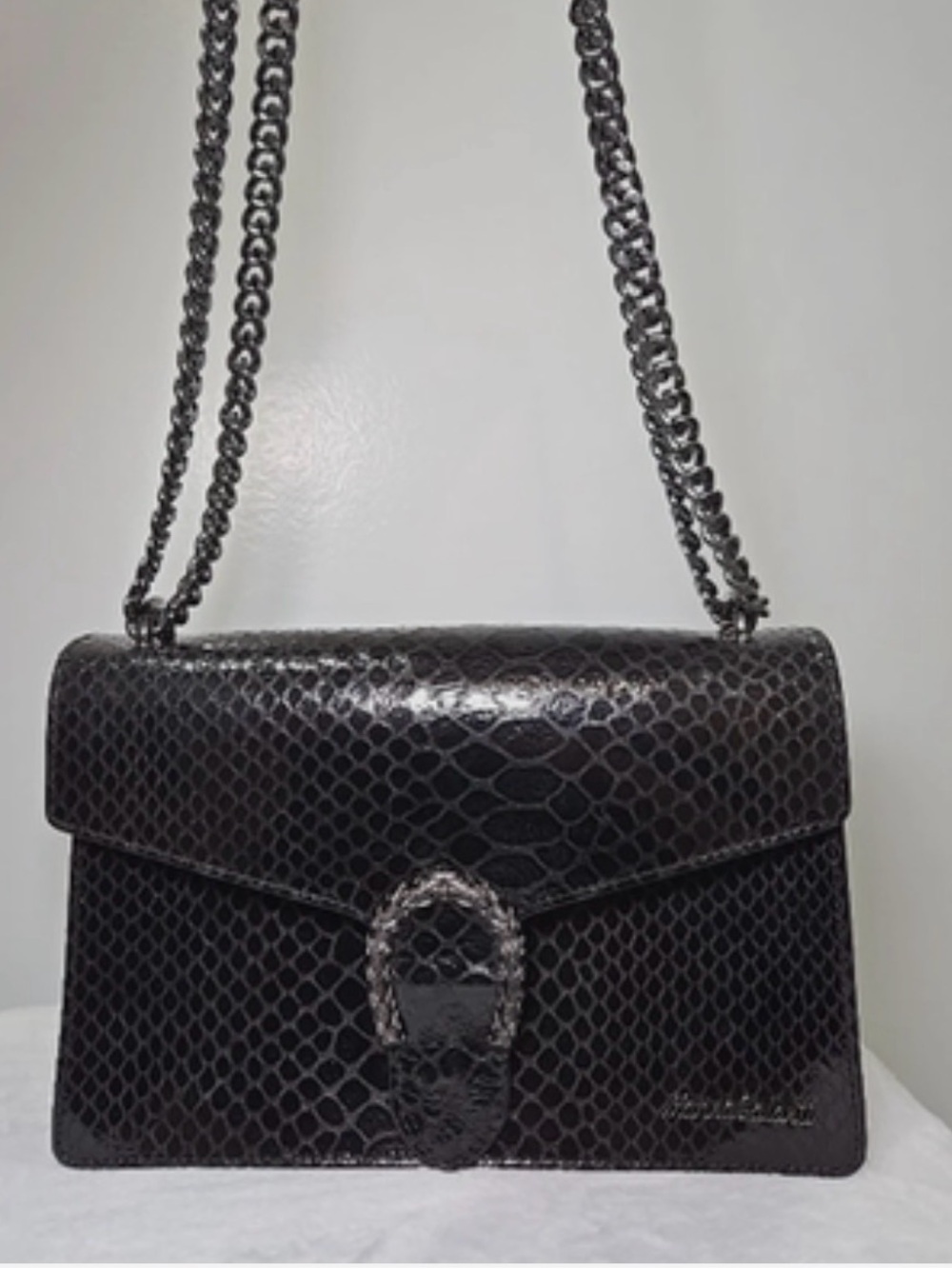 Marina Galanti ITALY Horseshoe Leather Crossbody Bag Chain Black Reptile